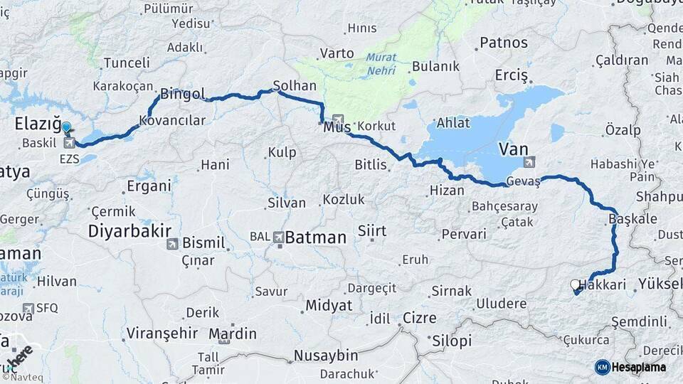 Elazığ Hakkari Arası Kaç Km - Yol Haritası