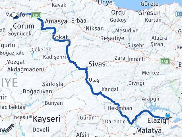 Elazığ Hamamözü Amasya Arası Kaç Km - Yol Haritası