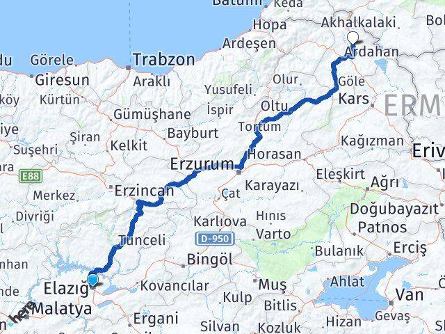Elazığ Hanak Ardahan Arası Kaç Km - Yol Haritası