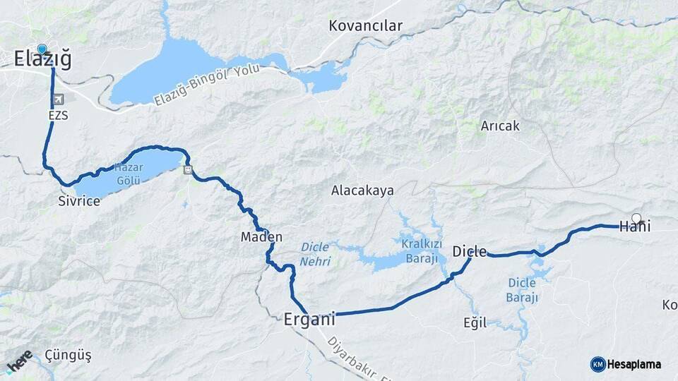 Elazığ Hani Diyarbakır Arası Kaç Km - Yol Haritası