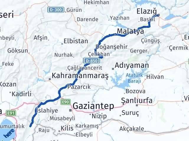 Elazığ Hassa Hatay Arası Kaç Km - Yol Haritası