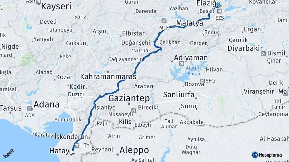 Elazığ Hatay Arası Kaç Km - Yol Haritası