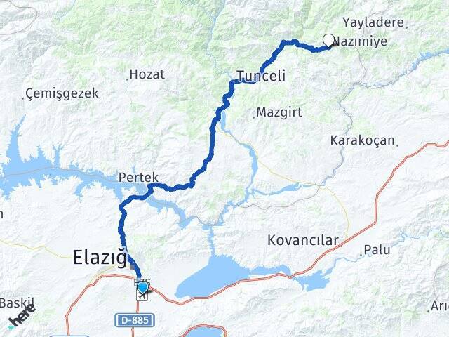 Elazığ Havalimanı Nazımiye Arası Kaç Km - Yol Tarifi