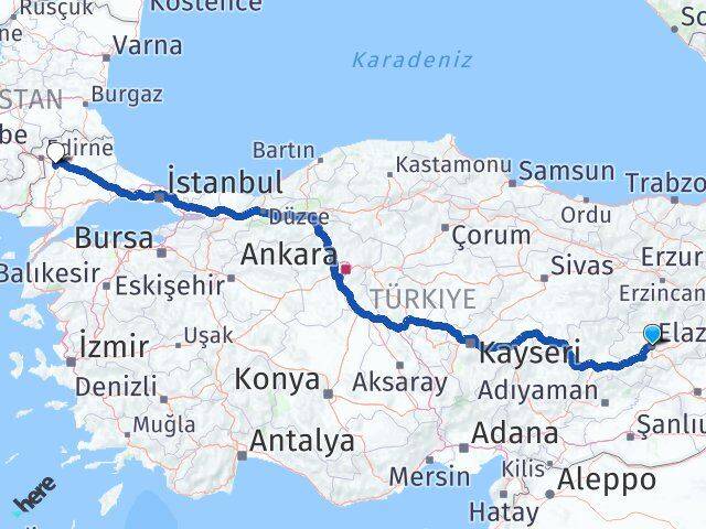 Elazığ Havsa Edirne Arası Kaç Km - Yol Haritası