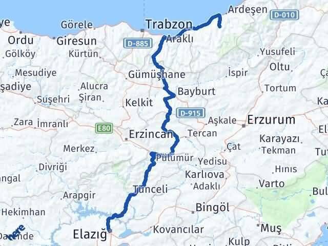 Elazığ Hemşin Rize Arası Kaç Km - Yol Haritası