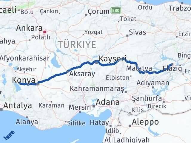 Elazığ Hüyük Konya Arası Kaç Km - Yol Haritası