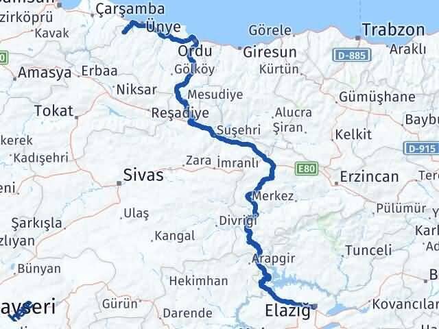 Elazığ İkizce Ordu Arası Kaç Km - Yol Haritası