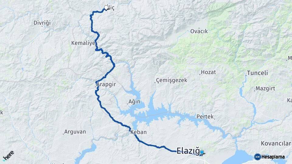 Elazığ İliç Erzincan Arası Kaç Km - Yol Haritası