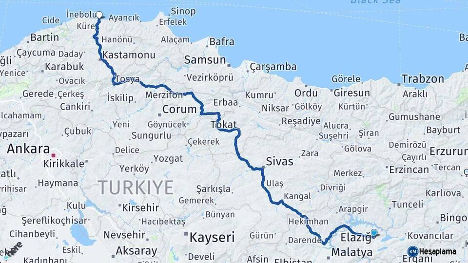 Elazığ İnebolu Kastamonu Arası Kaç Km - Yol Haritası
