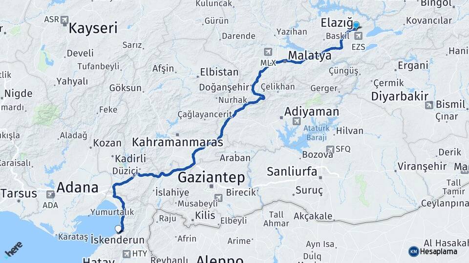Elazığ İskenderun Hatay Arası Kaç Km - Yol Haritası