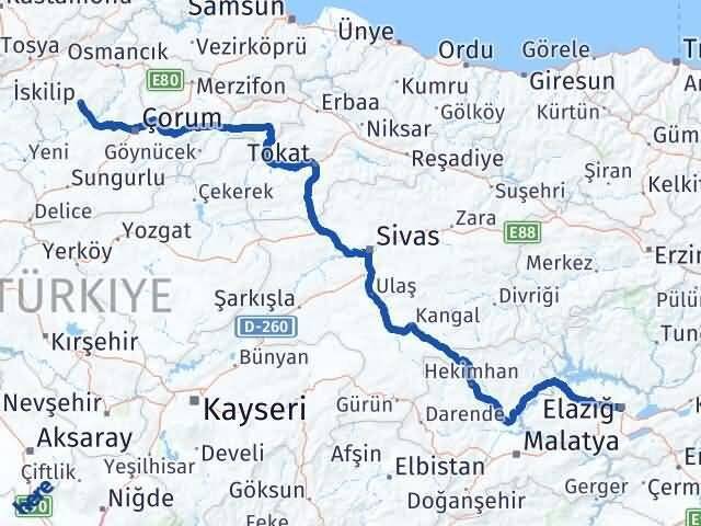 Elazığ İskilip Çorum Arası Kaç Km - Yol Haritası
