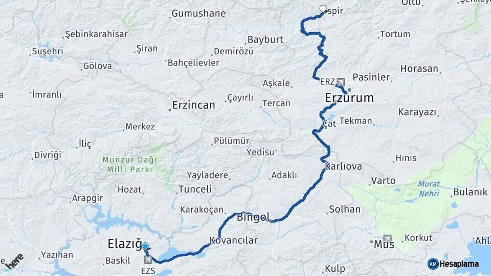 Elazığ İspir Arası Kaç Km - Yol Tarifi