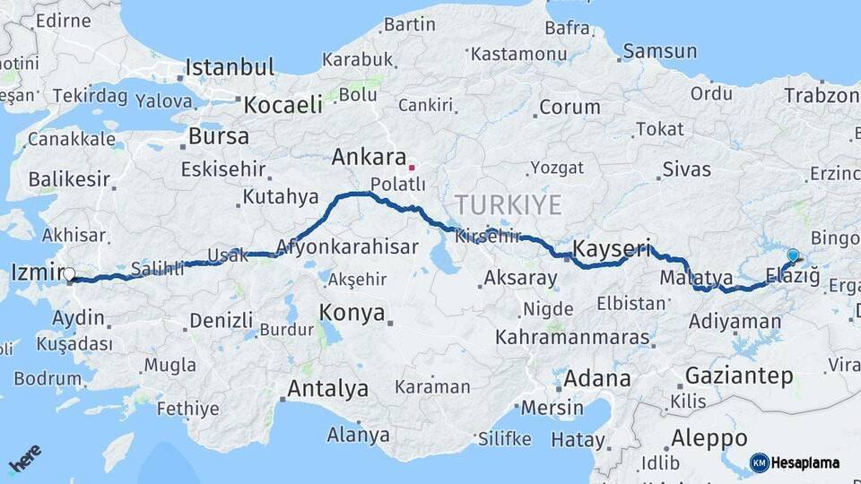 Elazığ İzmir Arası Kaç Km - Yol Haritası