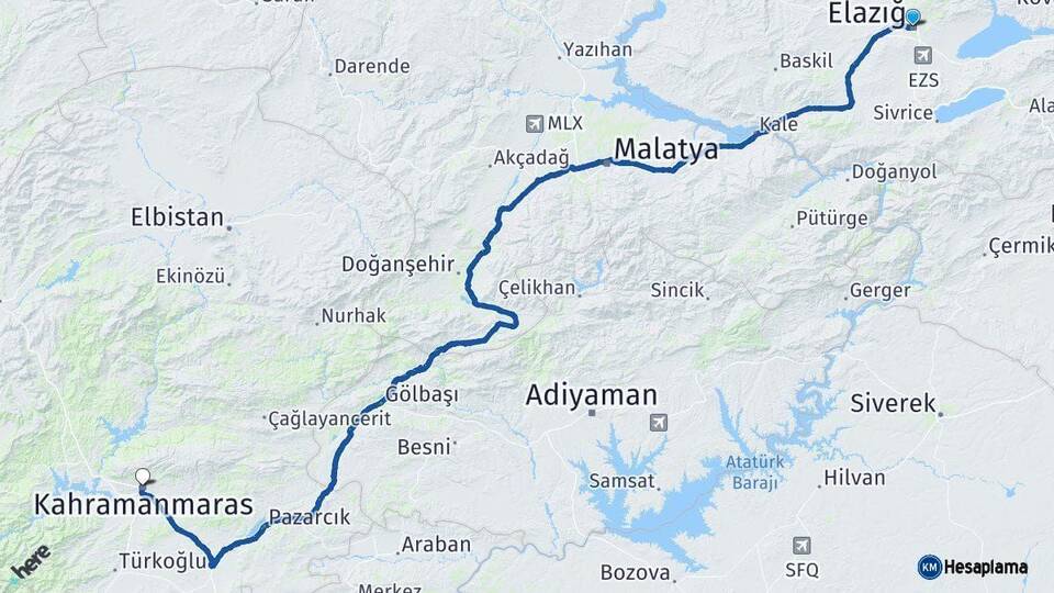 Elazığ Kahramanmaraş Arası Kaç Km - Yol Haritası