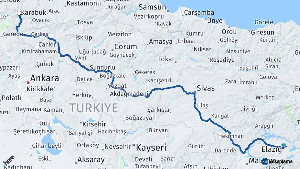 Elazığ Karabük Arası Kaç Km - Yol Haritası