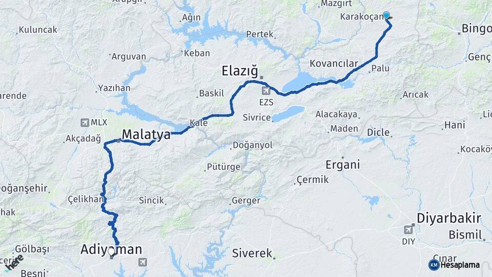 Elazığ Karakoçan Adıyaman Arası Kaç Km - Yol Haritası