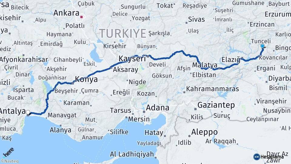 Elazığ Karakoçan Antalya Arası Kaç Km - Yol Haritası