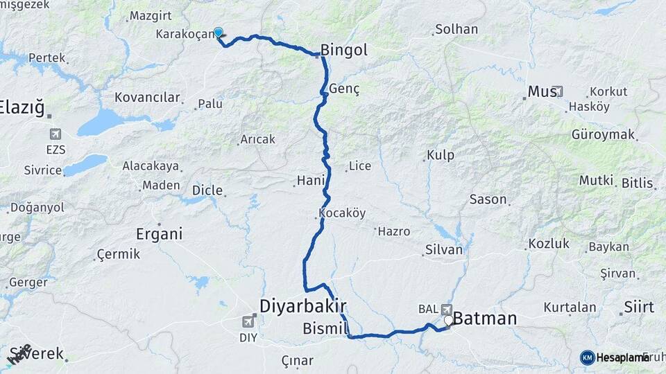 Elazığ Karakoçan Batman Arası Kaç Km - Yol Haritası