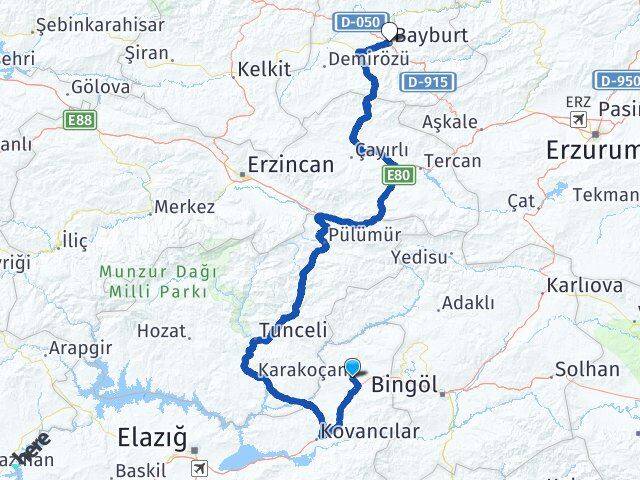 Elazığ Karakoçan Bayburt Arası Kaç Km - Yol Haritası