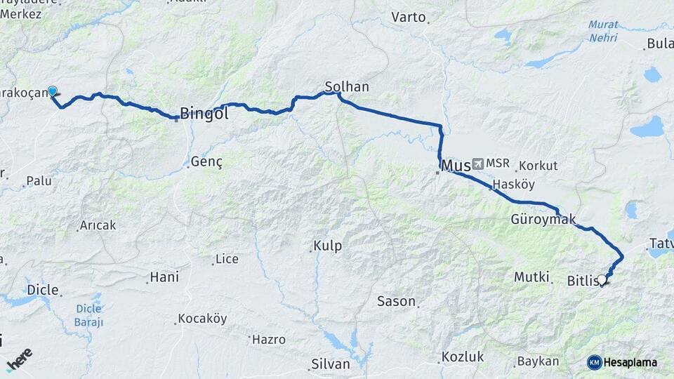 Elazığ Karakoçan Bitlis Arası Kaç Km - Yol Haritası
