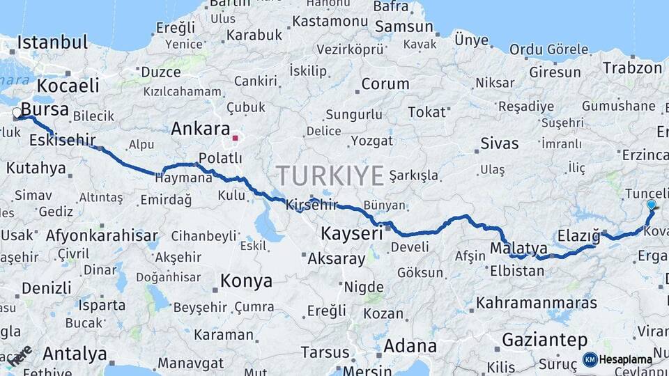 Elazığ Karakoçan Bursa Arası Kaç Km - Yol Haritası