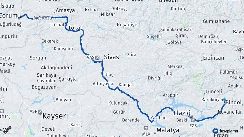Elazığ Karakoçan Çorum Arası Kaç Km - Yol Haritası