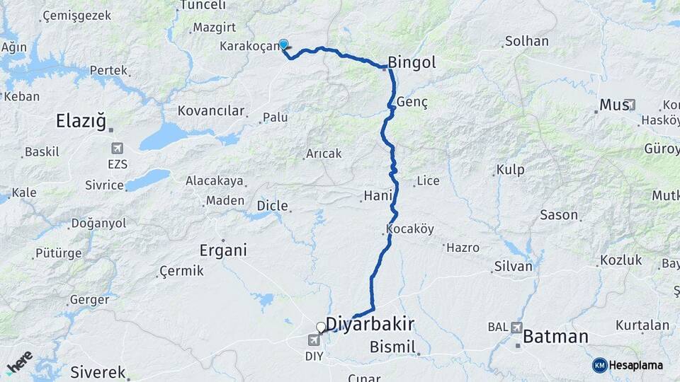 Elazığ Karakoçan Diyarbakır Arası Kaç Km - Yol Haritası
