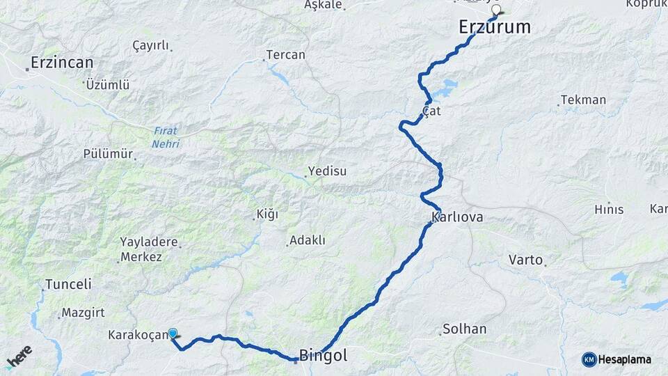 Elazığ Karakoçan Erzurum Arası Kaç Km - Yol Haritası