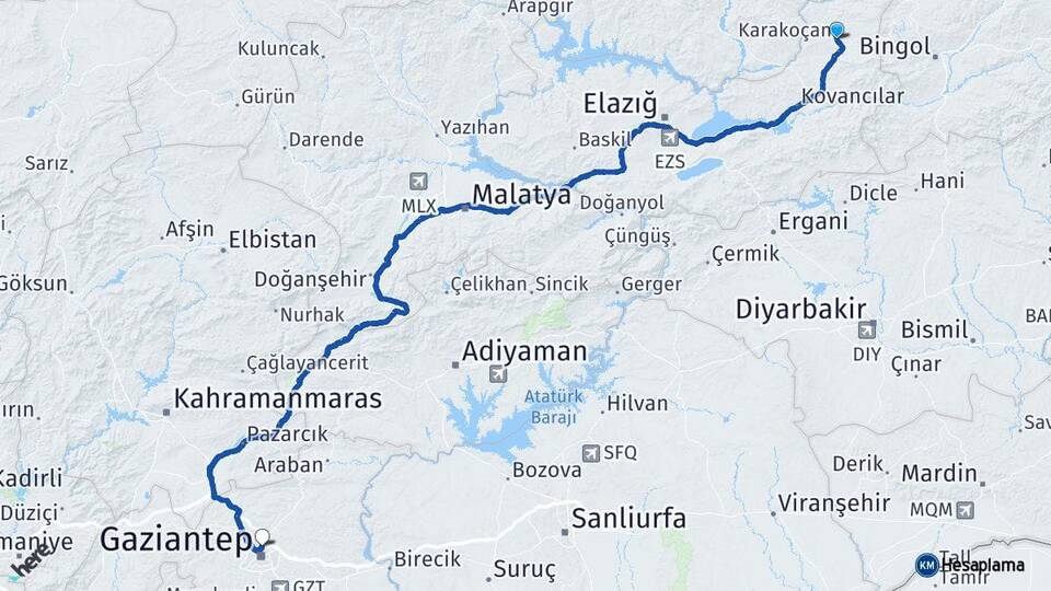 Elazığ Karakoçan Gaziantep Arası Kaç Km - Yol Haritası
