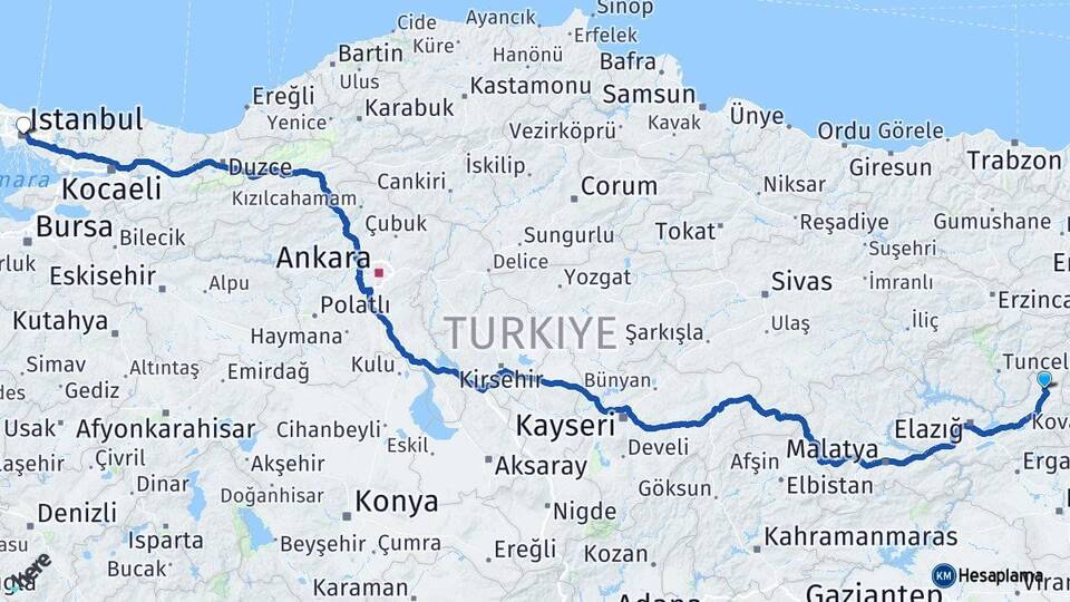 Elazığ Karakoçan İstanbul Arası Kaç Km - Yol Haritası