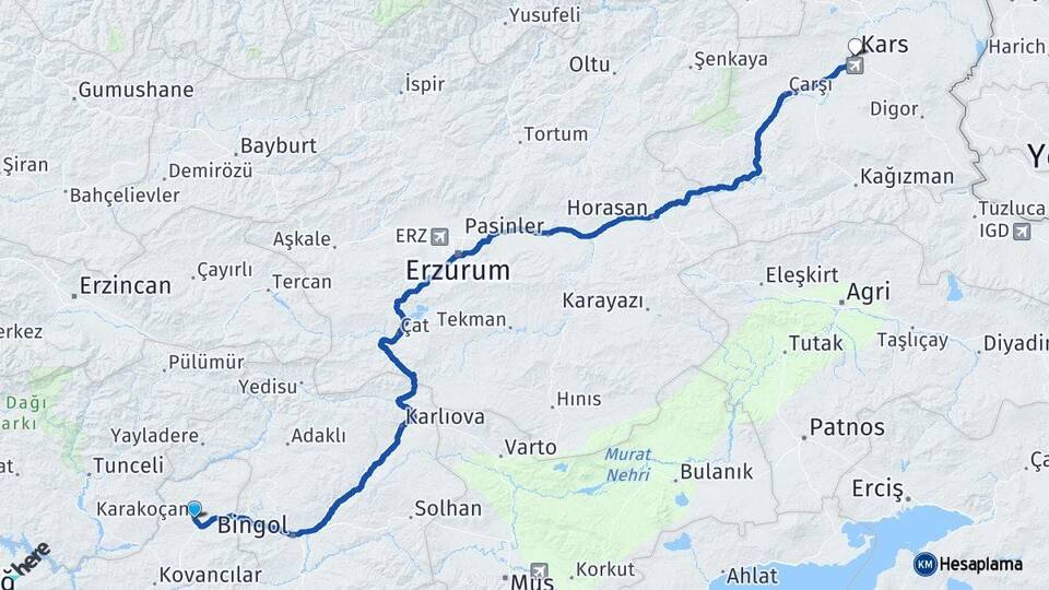 Elazığ Karakoçan Kars Arası Kaç Km - Yol Haritası