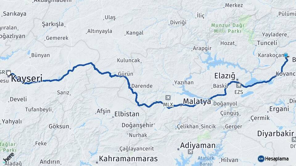 Elazığ Karakoçan Kayseri Arası Kaç Km - Yol Haritası