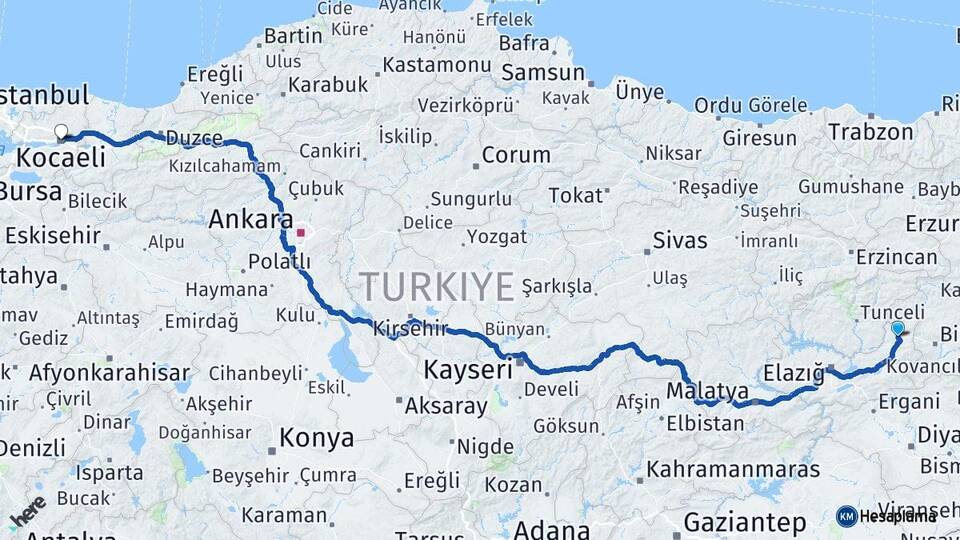 Elazığ Karakoçan Kocaeli Arası Kaç Km - Yol Haritası