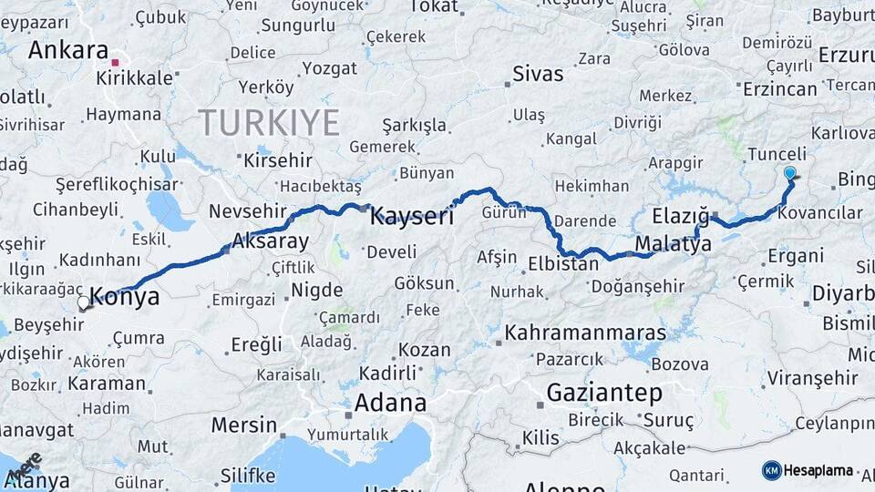 Elazığ Karakoçan Konya Arası Kaç Km - Yol Haritası