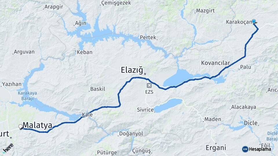 Elazığ Karakoçan Malatya Arası Kaç Km - Yol Haritası