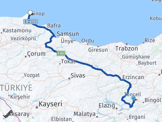 Elazığ Karakoçan Sinop Arası Kaç Km - Yol Haritası