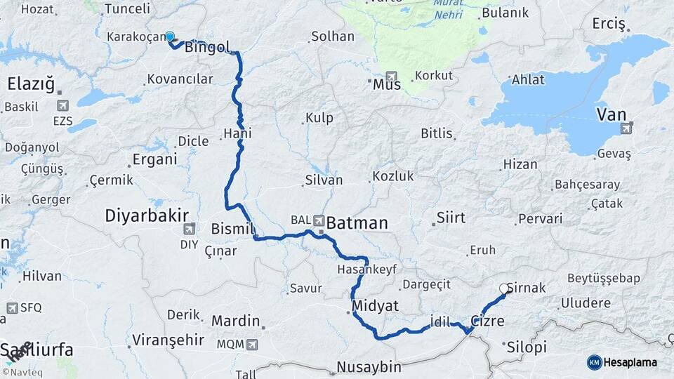 Elazığ Karakoçan Şırnak Arası Kaç Km - Yol Haritası