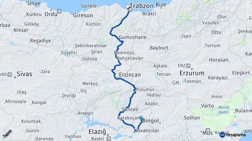 Elazığ Karakoçan Trabzon Arası Kaç Km - Yol Haritası