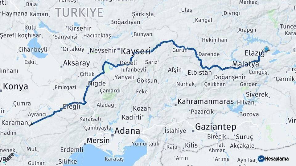 Elazığ Karaman Arası Kaç Km - Yol Haritası