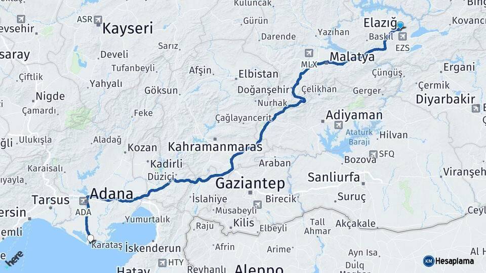Elazığ Karataş Adana Arası Kaç Km - Yol Haritası