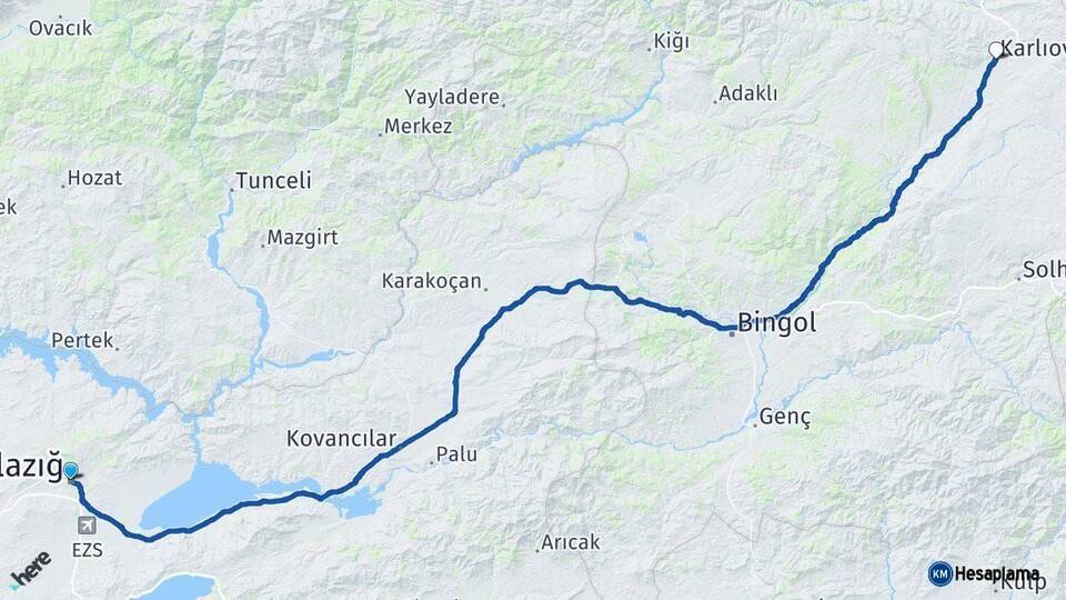 Elazığ Karlıova Bingöl Arası Kaç Km - Yol Haritası
