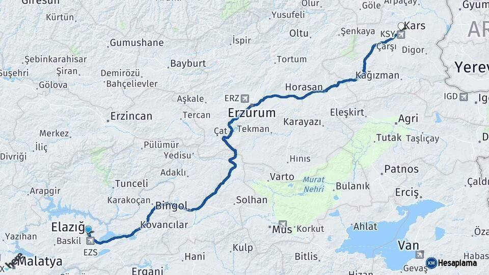 Elazığ Kars Arası Kaç Km - Yol Haritası