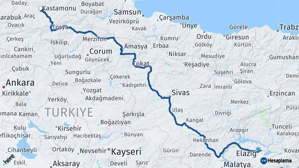Elazığ Kastamonu Arası Kaç Km - Yol Haritası
