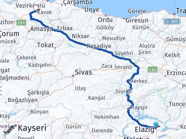 Elazığ Kavak Samsun Arası Kaç Km - Yol Haritası