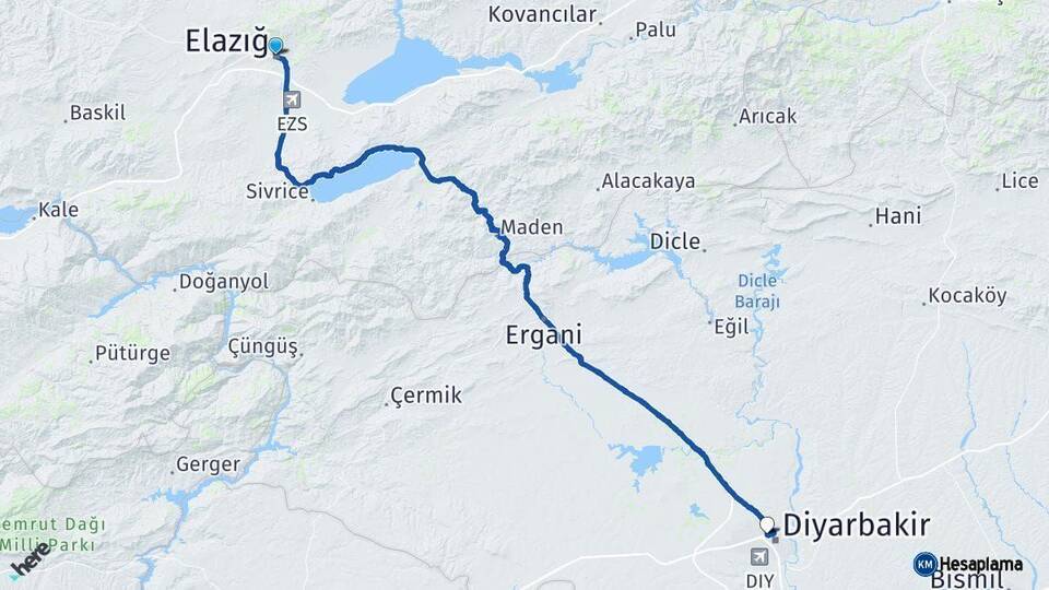 Elazığ Kayapınar Diyarbakır Arası Kaç Km - Yol Haritası