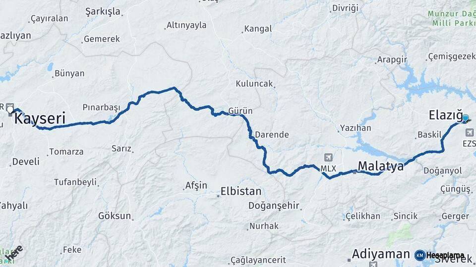 Elazığ Kayseri Arası Kaç Km - Yol Haritası