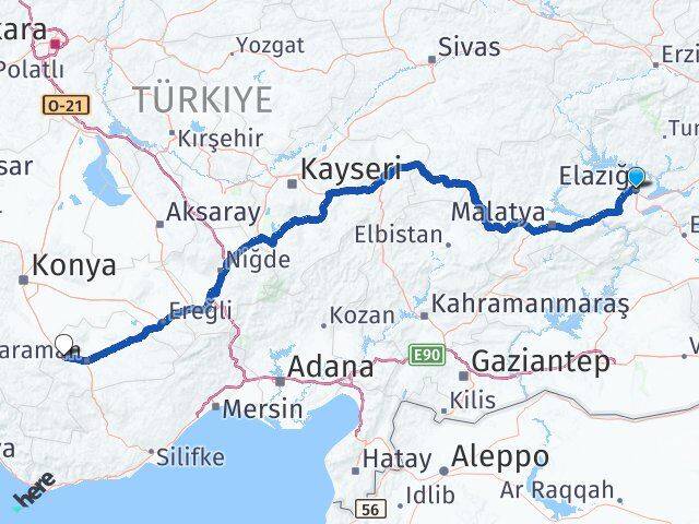 Elazığ Kazımkarabekir Karaman Arası Kaç Km - Yol Haritası