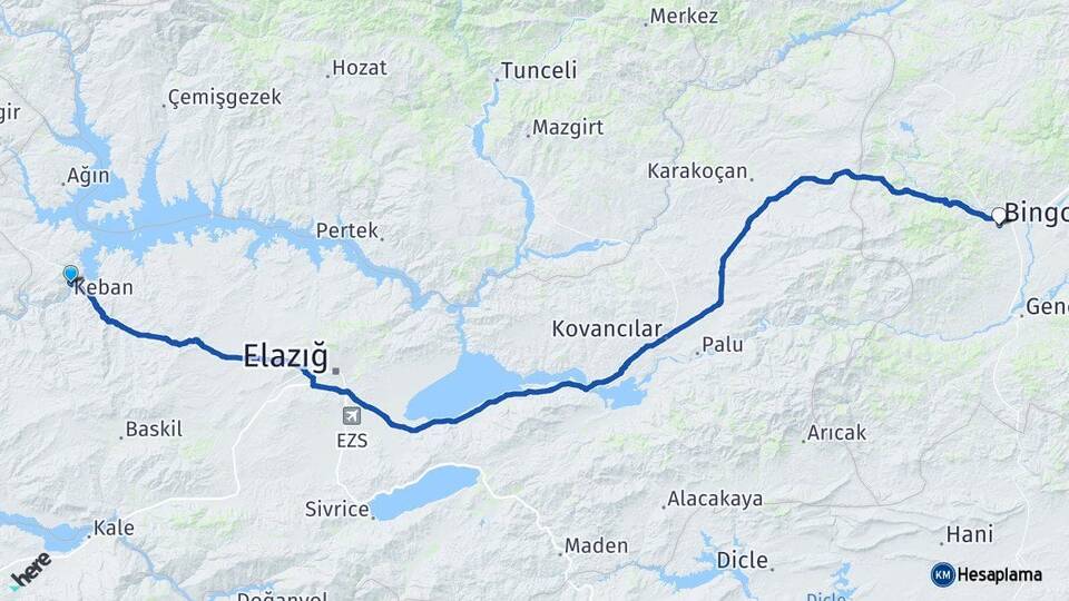 Elazığ Keban Bingöl Arası Kaç Km - Yol Haritası