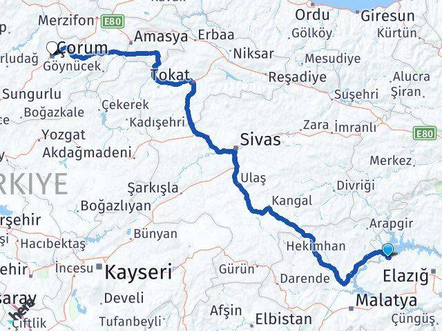 Elazığ Keban Çorum Arası Kaç Km - Yol Haritası