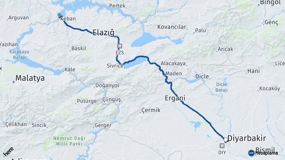 Elazığ Keban Diyarbakır Arası Kaç Km - Yol Haritası